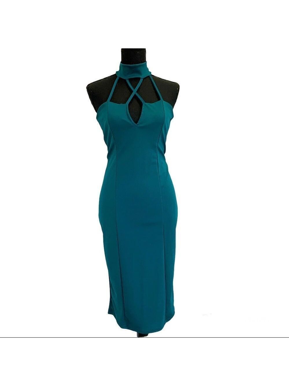 Teal green cutout crisscross choker bodycon dress Sz M